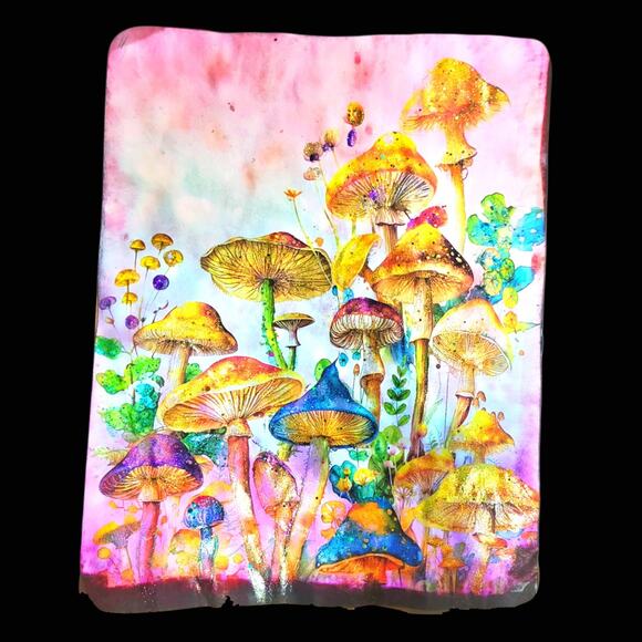 Rainbow Mushrooms and Blooms Mixed Media Original Art Collage Whimsical Art - Picture 4 of 6